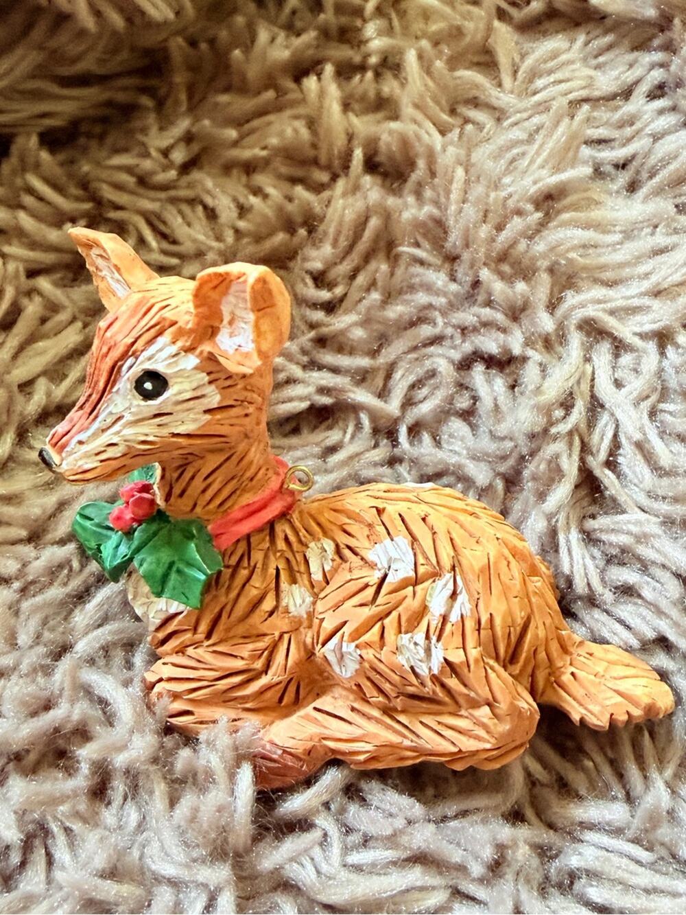 Vintage Fawn Deer Ornament Holly Bow woodland cottagecore Handpainted Holiday